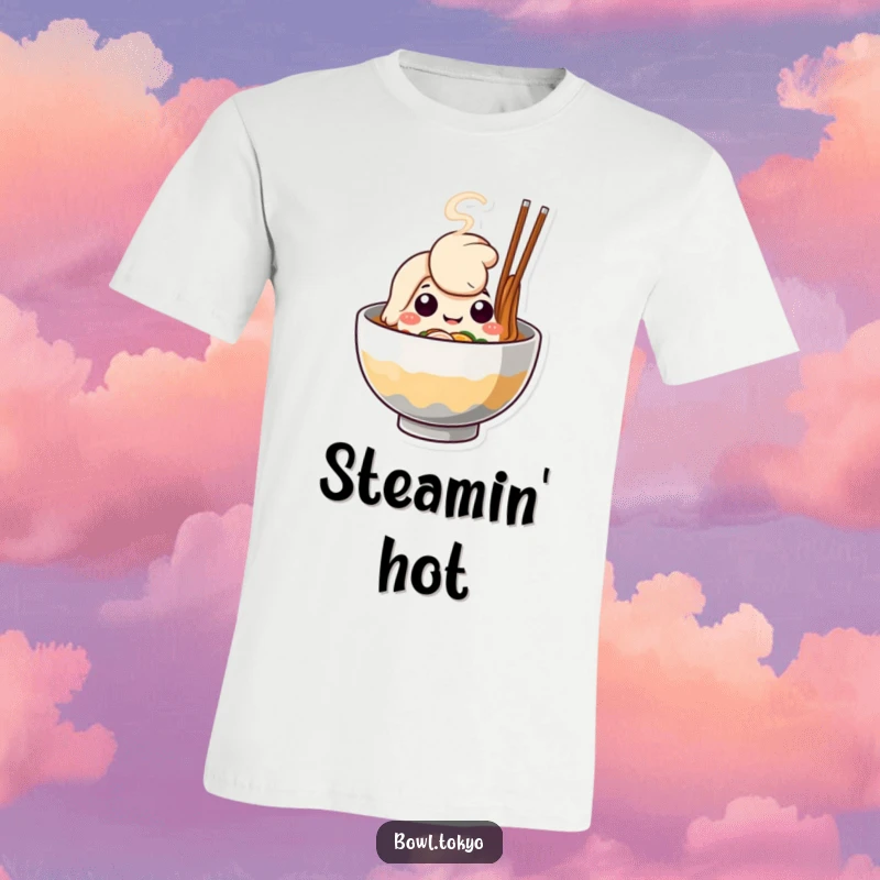 Funny Ramen Bowl T-Shirt, a cute character with steam creating a happy face, ideal for casual wear.