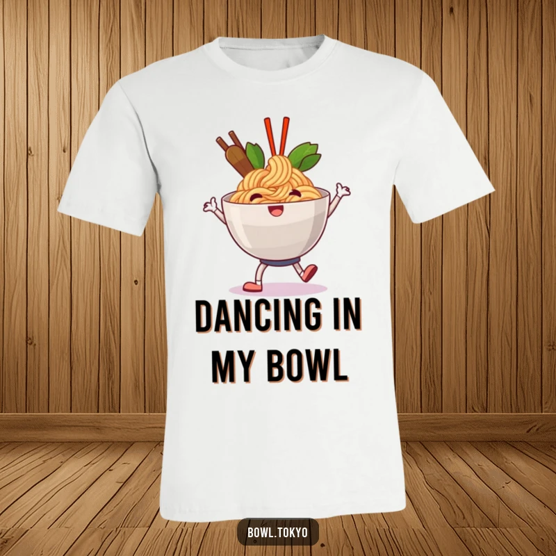 Funny happy ramen t-shirt depicting a noodle bowl character doing a jolly shuffle, great for parties.