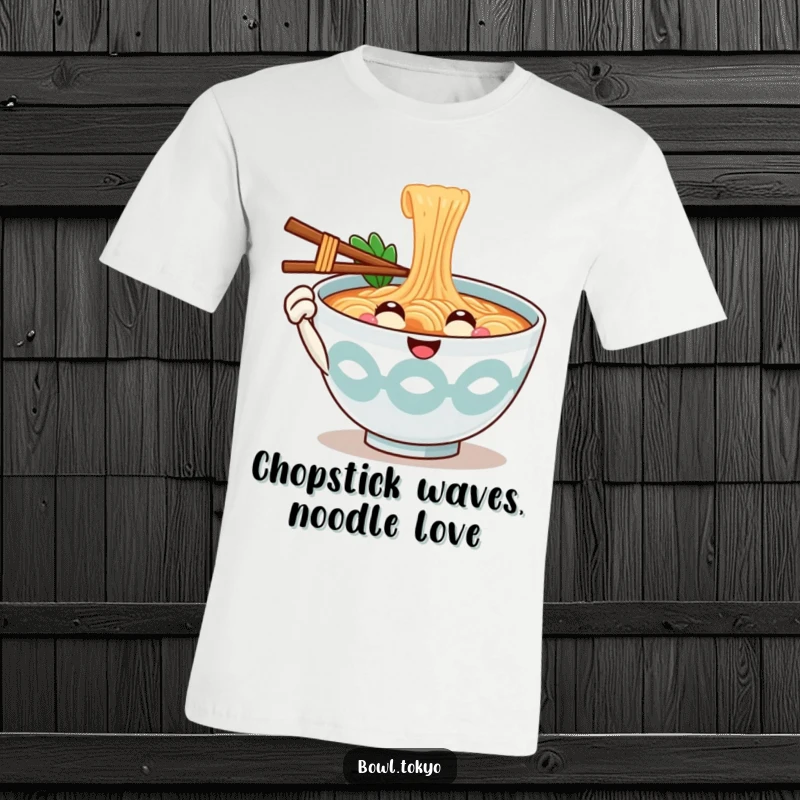 Funny Hello Ramen Bowl T-Shirt featuring a smiling noodle character extending a chopstick in a friendly greeting gesture.