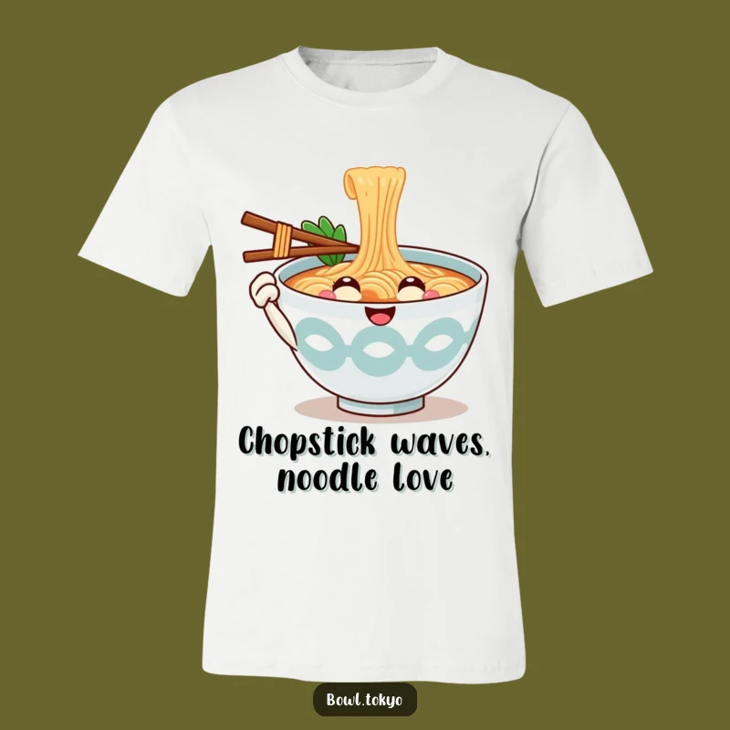 Funny Hello Ramen Bowl T-Shirt: Noodle Character Chopstick Wave Tee