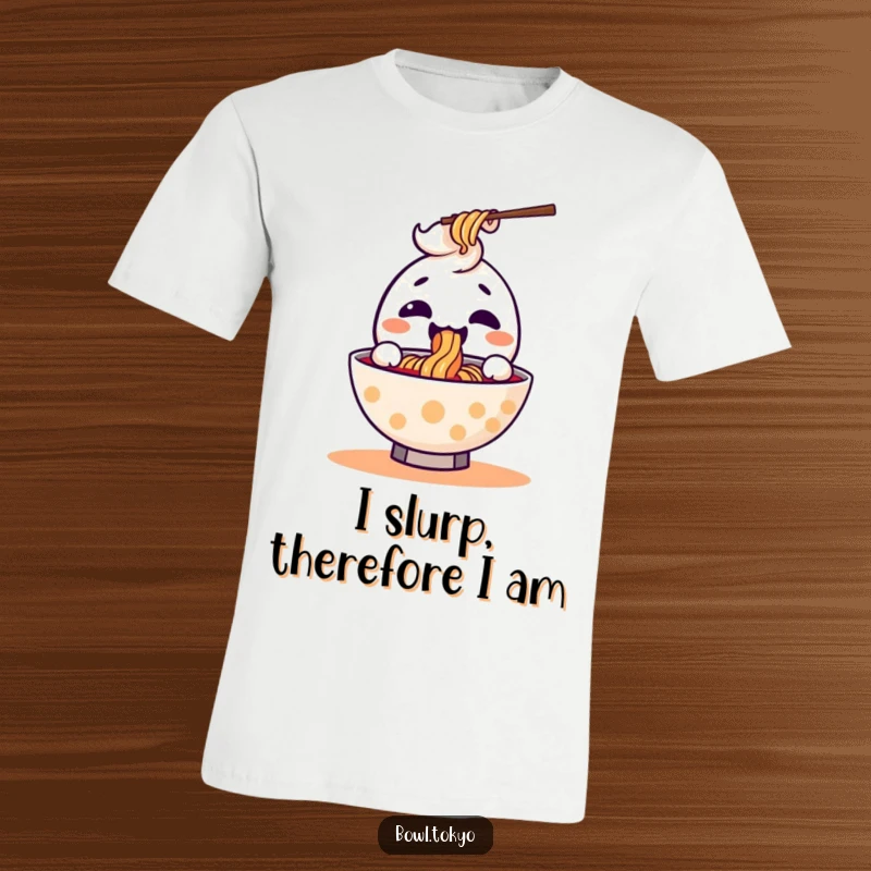 Funny kawaii ramen bowl t-shirt featuring a cheerful character joyfully slurping a noodle, expressing pure noodle adoration.