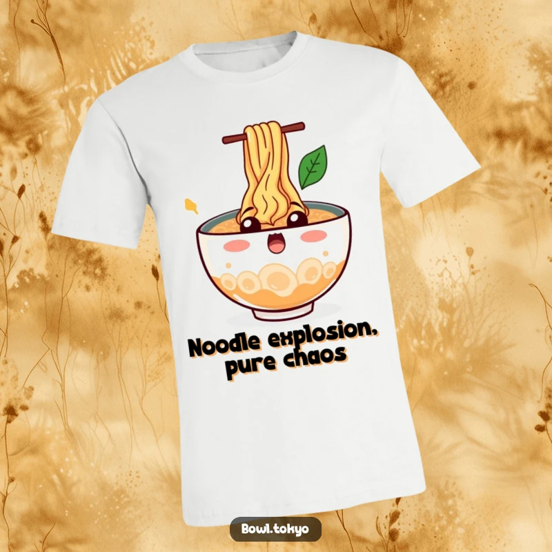 Funny Oops Ramen Bowl T-Shirt depicting a surprised character with noodles splashing wildly everywhere, a comical mishap.