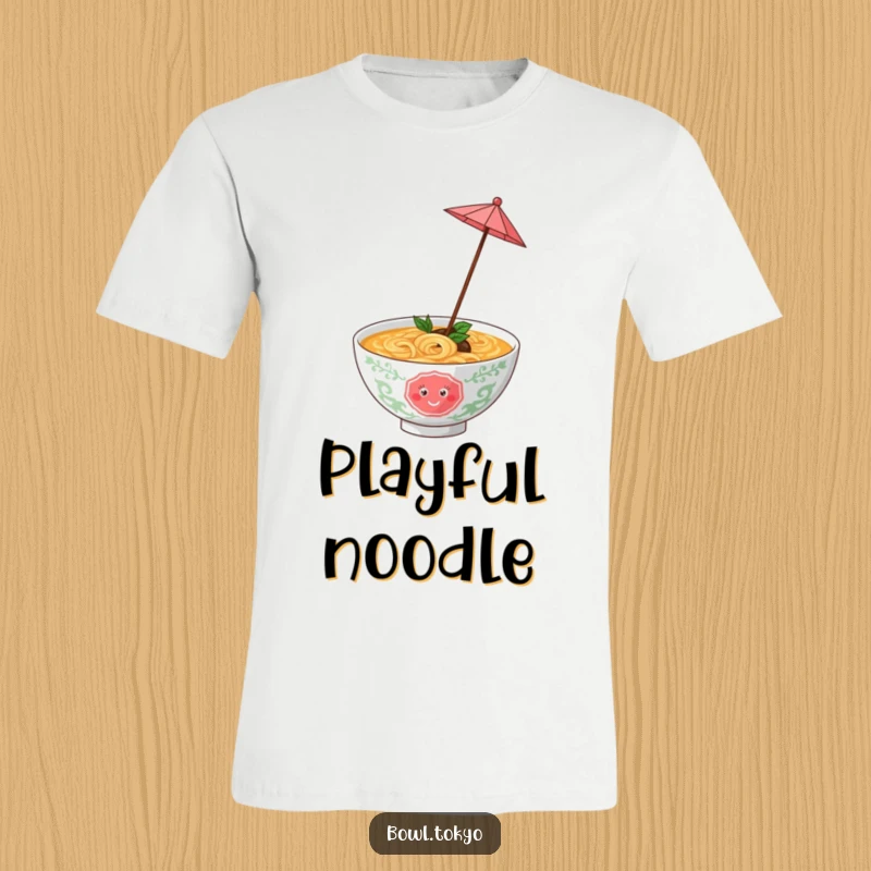 Funny ramen bowl with a tiny umbrella, spinning joyfully, a whimsical and humorous graphic tee for fun-loving individuals.