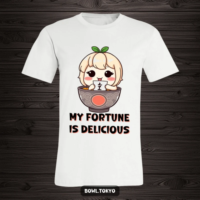 Funny blushing ramen bowl character holds up a tiny fortuneteller, showcasing a playful design on this t-shirt.