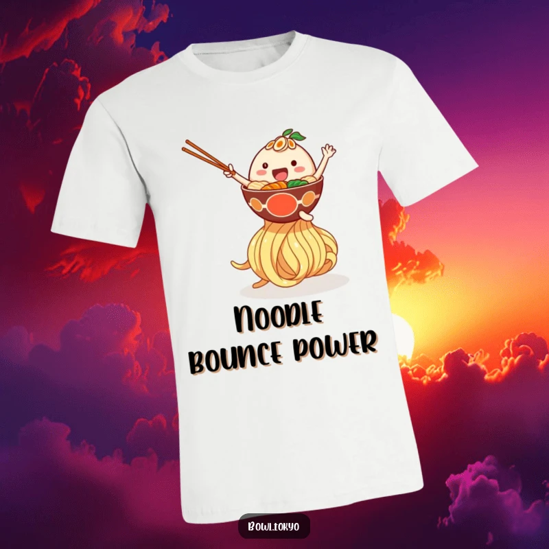 Funny T-shirt featuring a happy ramen bowl character joyfully bouncing on a giant noodle, a whimsical and humorous design.