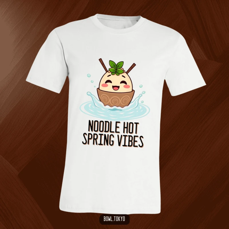 Funny T-shirt showing a happy ramen bowl character playfully splashing in a hot spring, a delightful and humorous visual.