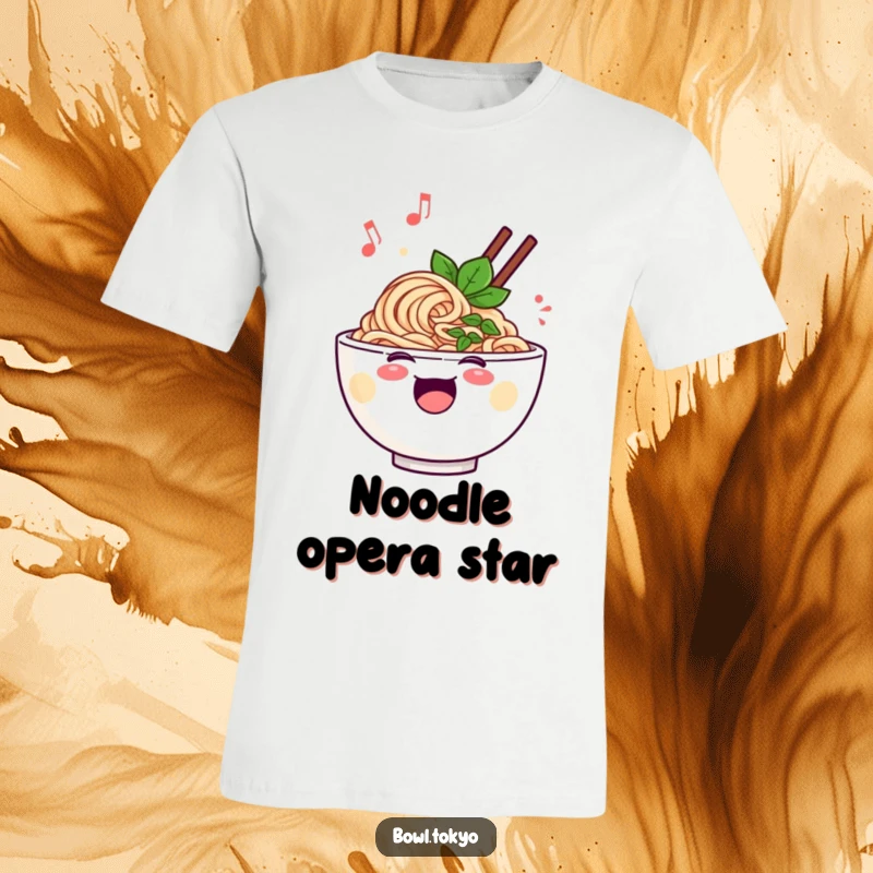 Funny cheerful ramen bowl t-shirt, singing with musical notes floating, happy noodle design, comfortable and stylish.