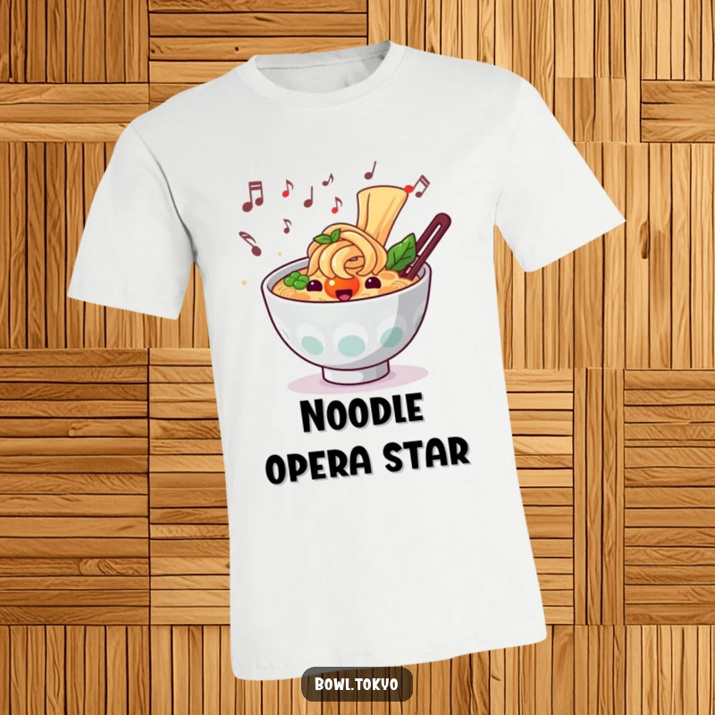 Funny musical ramen t-shirt depicting a noodle bowl character surrounded by musical notes, great for concerts.