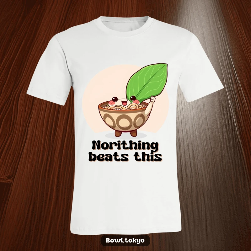 Funny happy ramen bowl t-shirt character offering a giant shiny nori seaweed leaf, a wearable piece of humor.