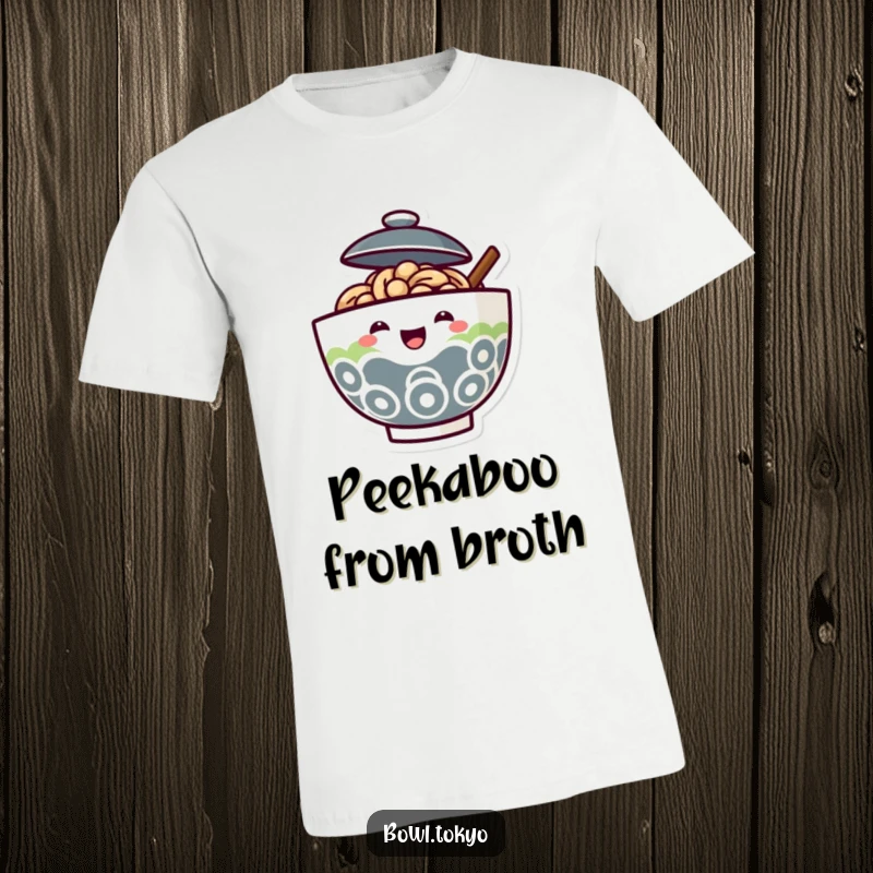 Funny Ramen Bowl T-Shirt with a lid slightly open, showing a joyful face peeking out with pure happiness.