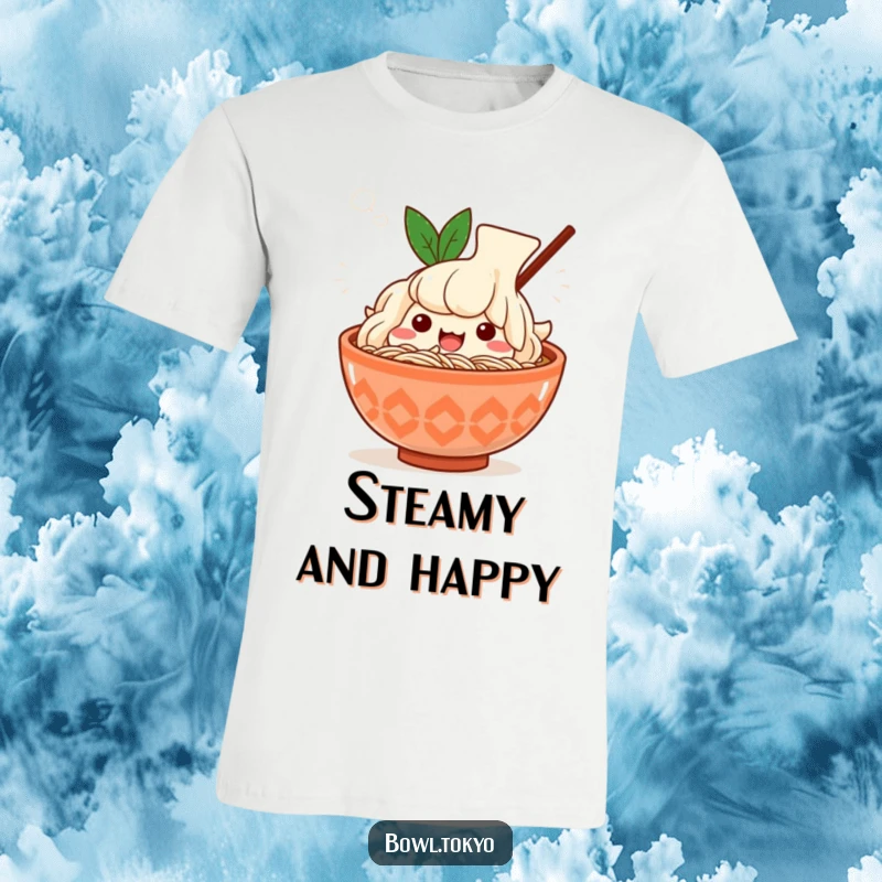 Funny Kawaii ramen bowl t-shirt, character sighing, surrounded by steam, cozy noodle humor, unique gift.