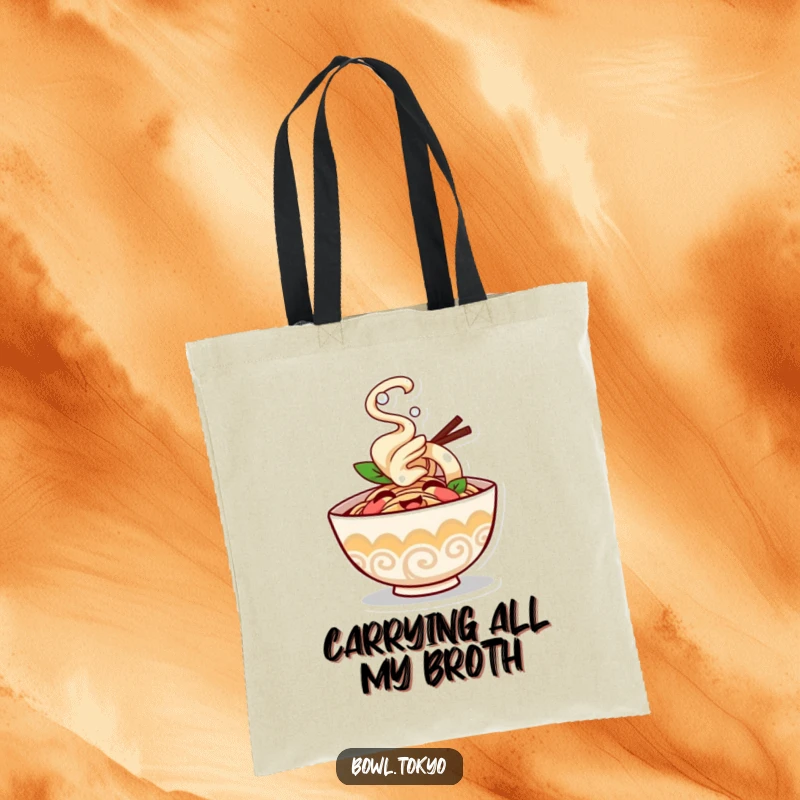 Funny ramen bowl tote bag character giggling with steam puffing happily, a practical and humorous accessory.
