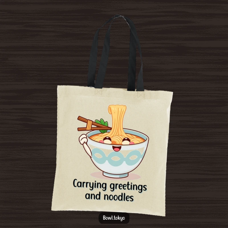 Funny Chic Ramen Bowl Tote Bag featuring a smiling noodle character offering a chopstick for a friendly, stylish greeting.