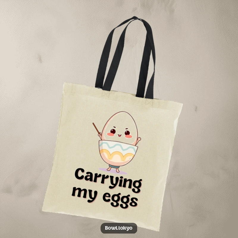 Funny Ramen Bowl Tote Bag, a determined character balancing a giant egg, perfect for carrying everyday items.