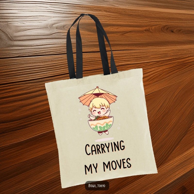 Funny ramen bowl character under a small paper umbrella dances softly in a misty atmosphere on this tote bag.