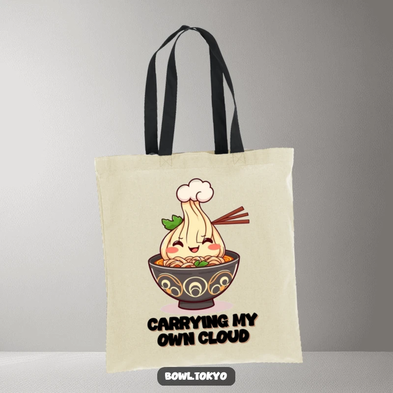 Funny Kawaii ramen bowl tote bag showing a cheerful grinning character offering a steam cloud, making errands humorous.