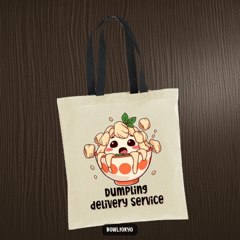 Funny tote bag with a surprised ramen bowl character covered in falling dumplings, practical and humorous for everyday use.
