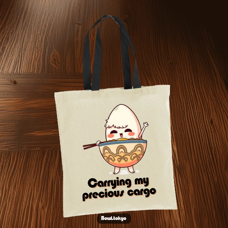 Funny Chic Ramen Bowl Tote Bag featuring a determined character balancing a giant egg, a symbol of focus and achievement.