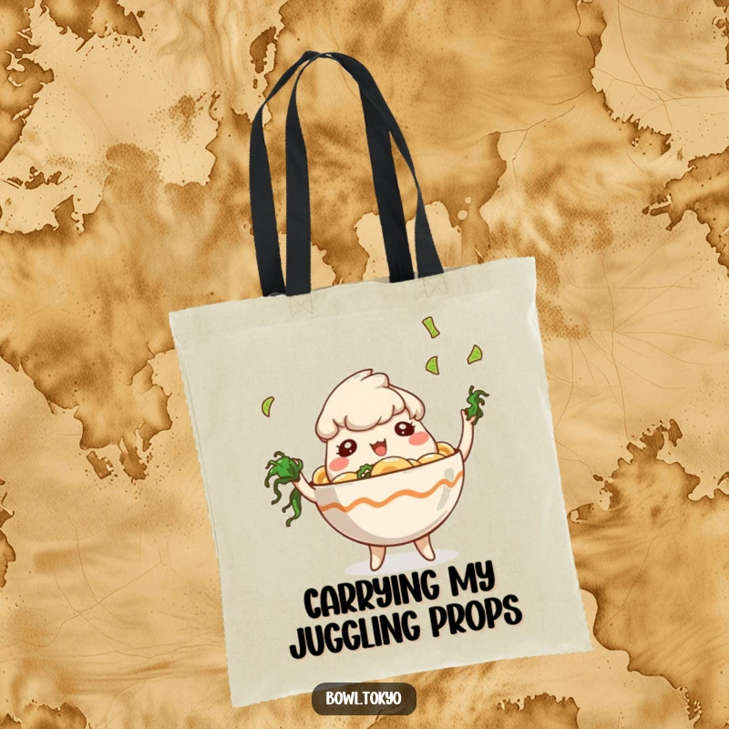 Funny Chic Ramen Bowl Tote Bag featuring a playful character juggling tiny seaweed pieces, a fun and practical accessory.