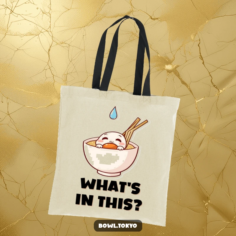 Funny curious ramen tote bag depicting a noodle bowl character peeking at a droplet, great for explorers.