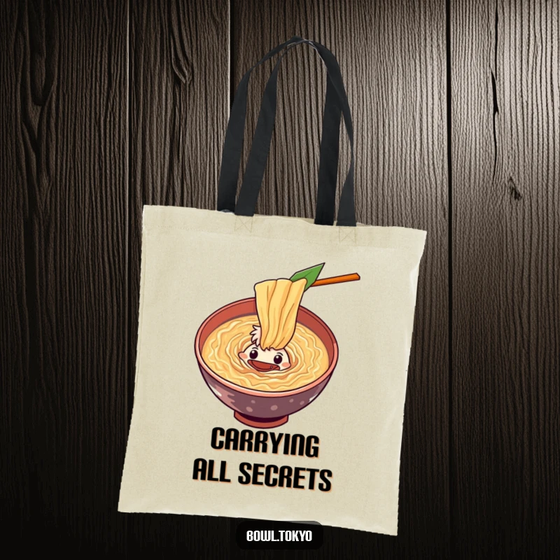Funny curious ramen bowl tote bag character peering into a swirling vortex of flavorful soup, a practical and unique accessory.