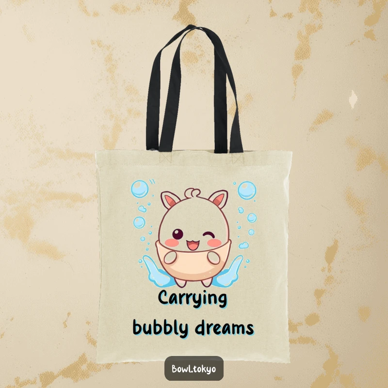 Funny tote bag showcasing a kawaii broth character joyfully splashing with bubble accents, perfect for everyday use.