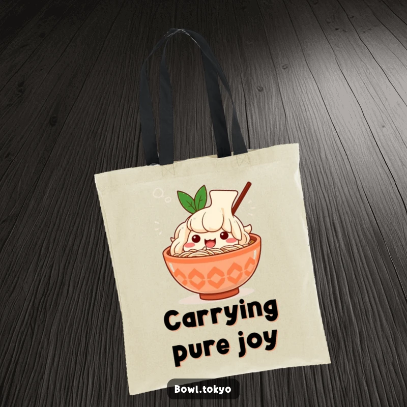 Funny Kawaii ramen bowl tote bag, character sighing happily, surrounded by steam, foodie accessory, lovely gift.