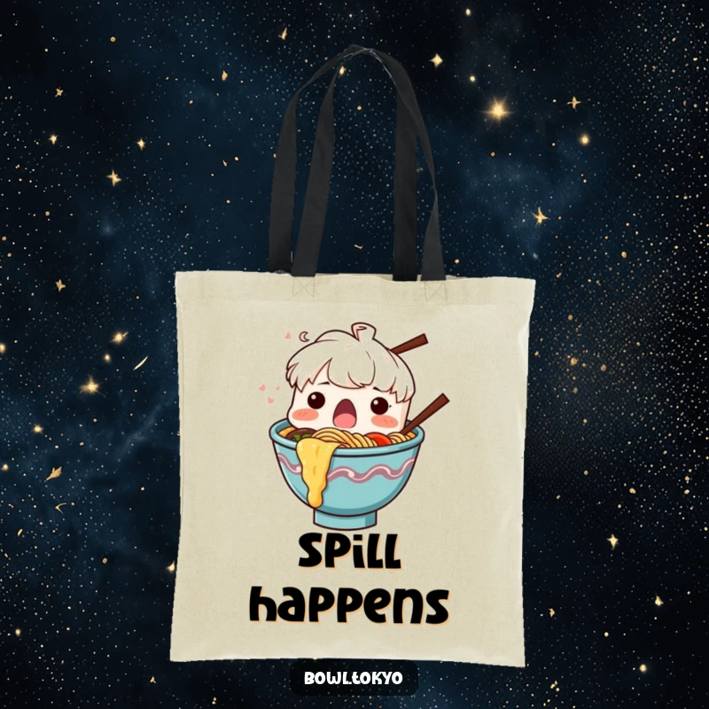 Funny Ramen Bowl Tote Bag, a surprised character with noodles splashing out, perfect for carrying essentials.