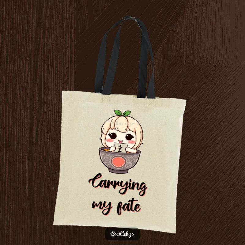 Funny ramen bowl character blushing sweetly holds a tiny fortune telling orb on this stylish tote bag.