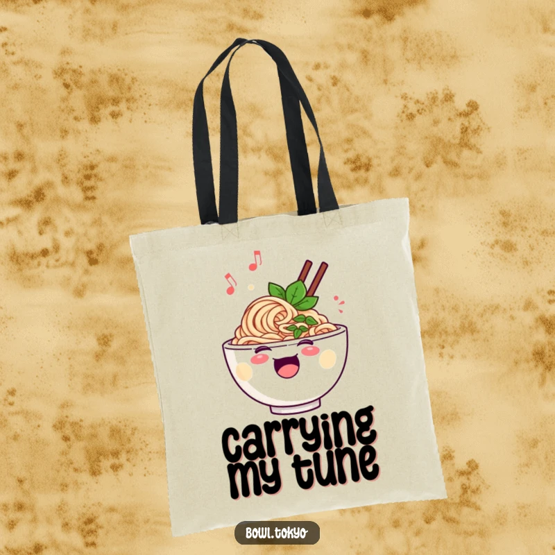 Funny cheerful ramen bowl tote bag, featuring a singing noodle character with musical notes, practical and vibrant accessory.