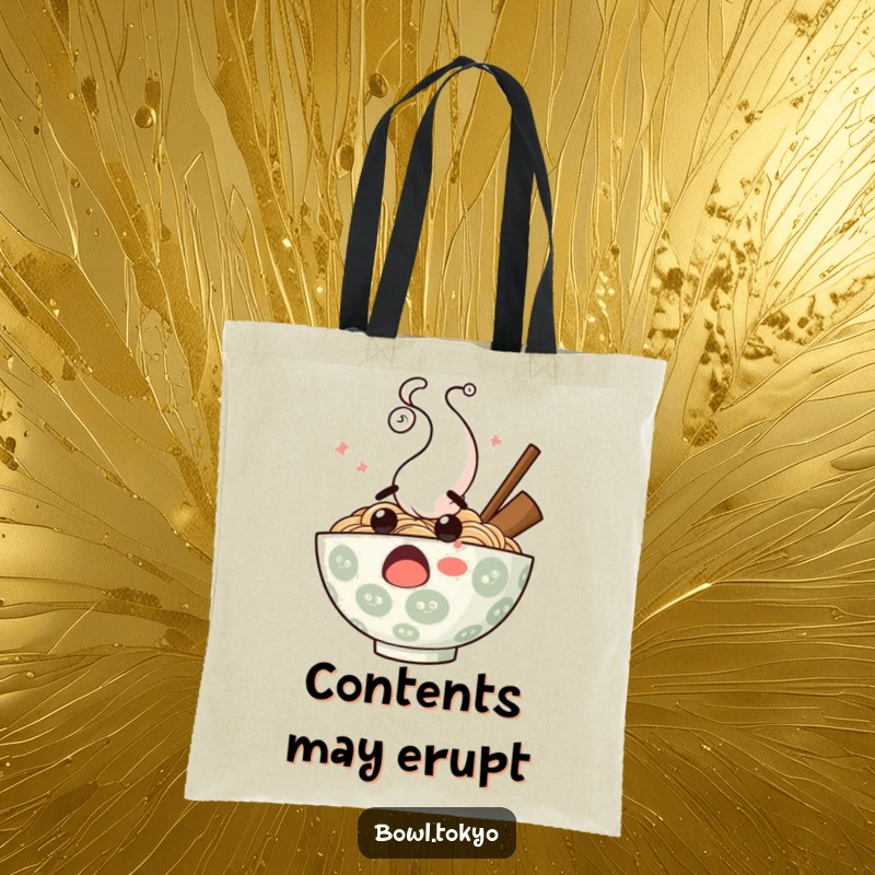 Funny surprised ramen bowl tote bag, featuring comical steam eruption from a shocked noodle character, practical and stylish accessory.