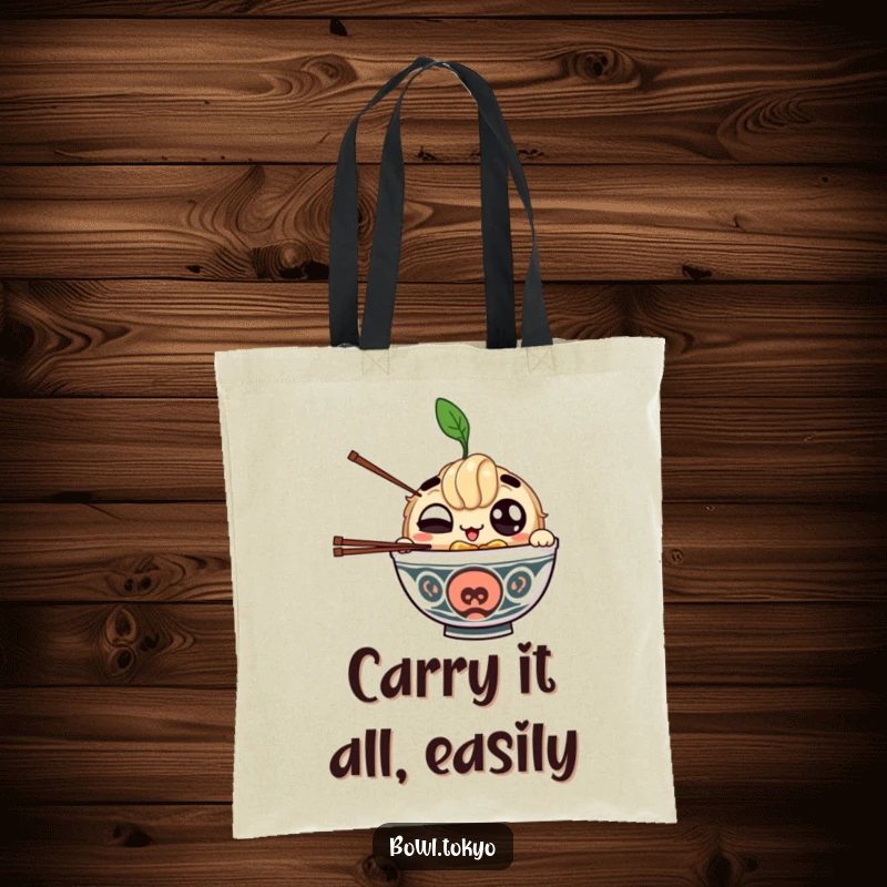 Funny tote bag with a winking ramen bowl character juggling chopsticks, practical and humorous for everyday use.