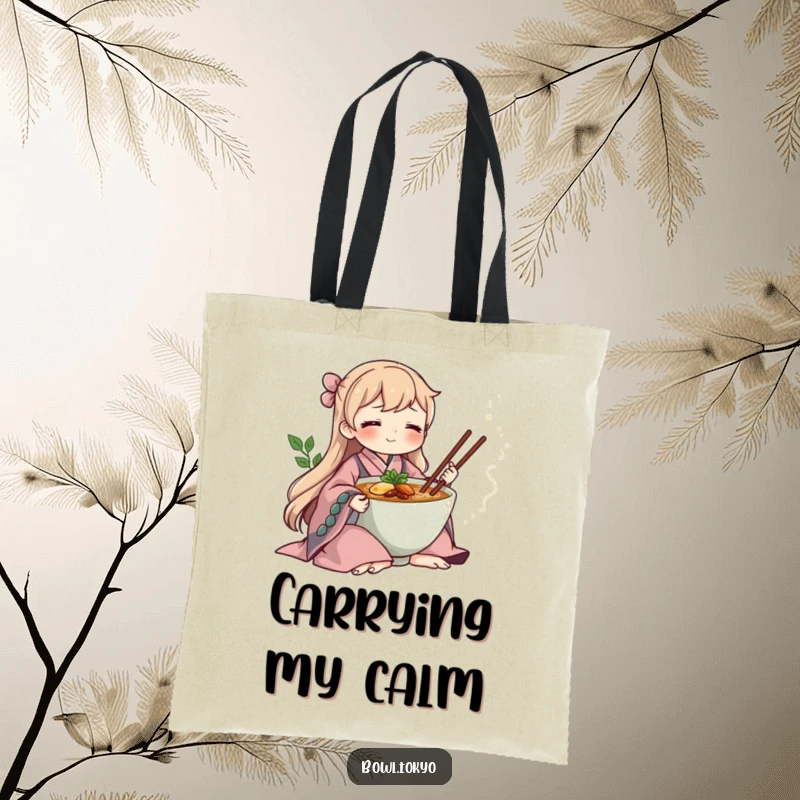 Funny ramen bowl in a flowing kimono, meditating serenely, a durable and humorous tote bag for peaceful outings.