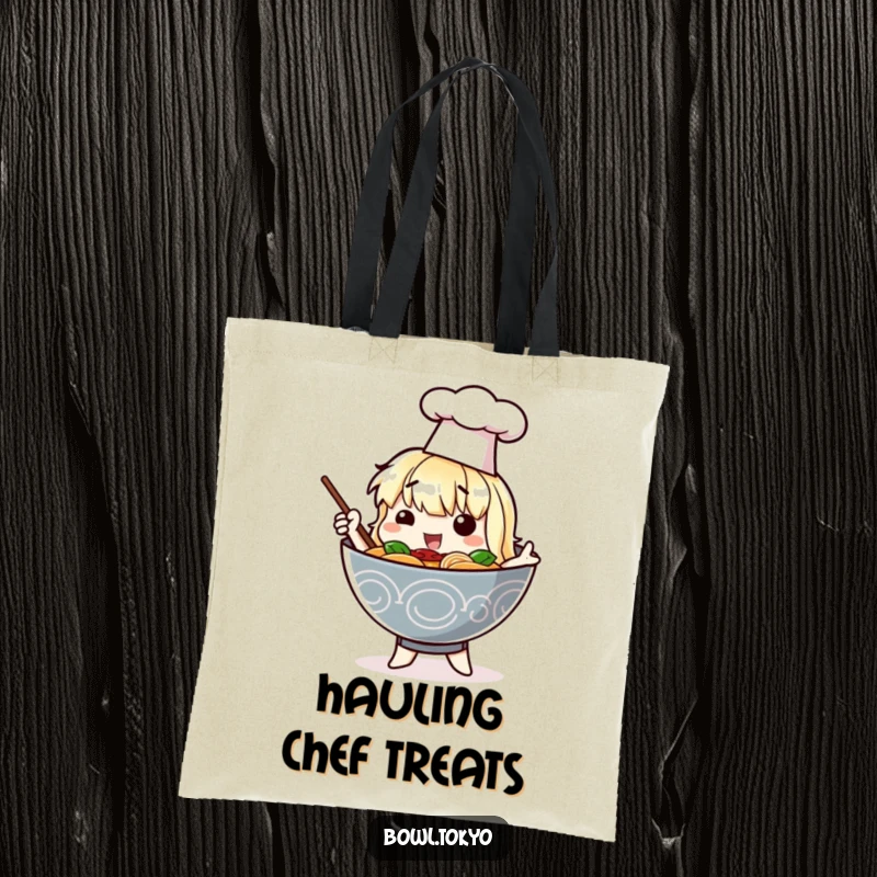 Funny tote bag with a ramen bowl character in a chef hat posing dramatically, practical and humorous for culinary enthusiasts.