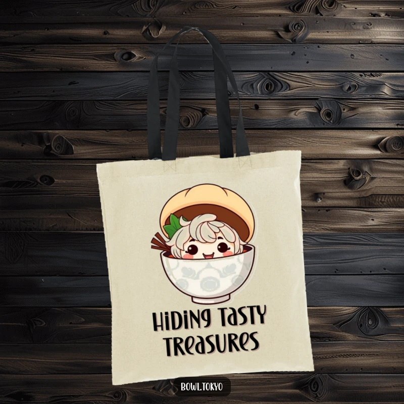 Funny ramen bowl character with a mischievous grin peeks from behind a fluffy steamed bun on this tote bag.