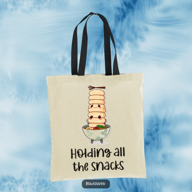 Funny ramen bowl tote bag, determined expression, perfectly balancing a tower of fish cakes, ready for errands.