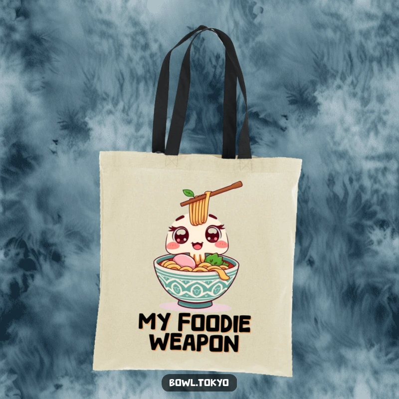 Funny Kawaii ramen bowl tote bag with wide excited eyes, offering a giant chopstick for a humorous and practical accessory.