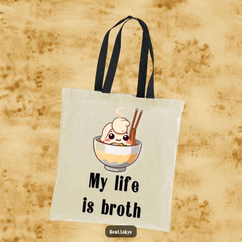 Funny Ramen Bowl Tote Bag showcasing a cute character with steam creating a happy face, ideal for shopping.